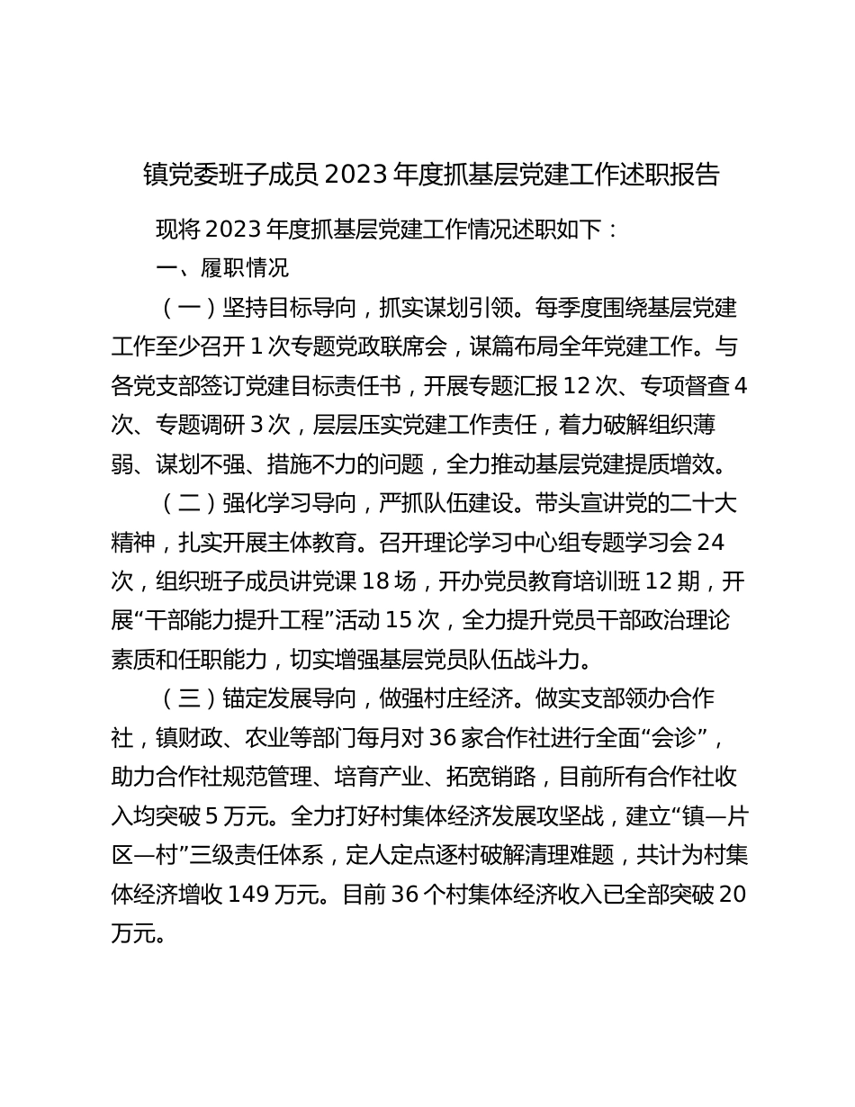 镇党委班子成员2023-2024年度抓基层党建工作述职报告_第1页