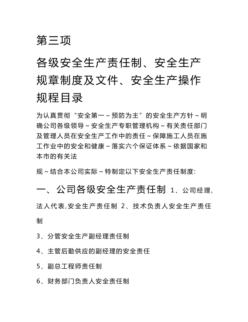 公司各级安全生产责任制、安全生产规章制度及文件、安全生产操作规程_第1页