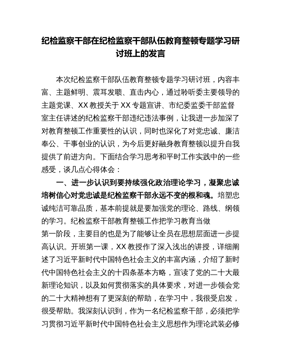 纪检监察干部在纪检监察干部队伍教育整顿专题学习研讨班上的发言心得体会_第1页