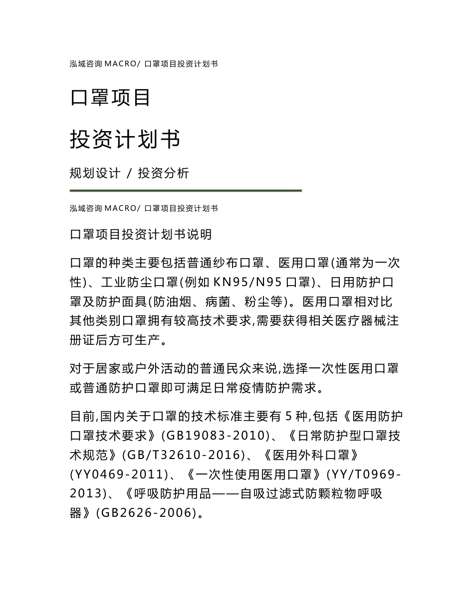 口罩项目投资计划书_第1页