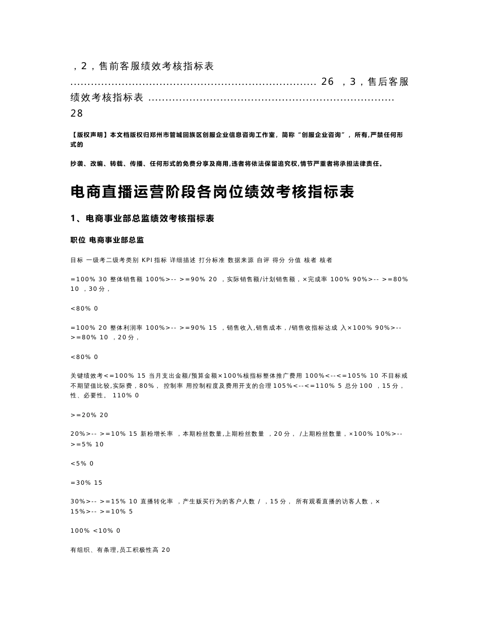 电商直播运营阶段各岗位绩效考核指标表摘自电商运营体系薪酬激励与绩效考核方案_第3页