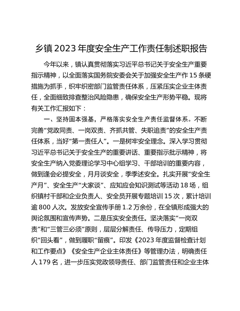 乡镇2023-2024年度安全生产工作责任制述职报告_第1页