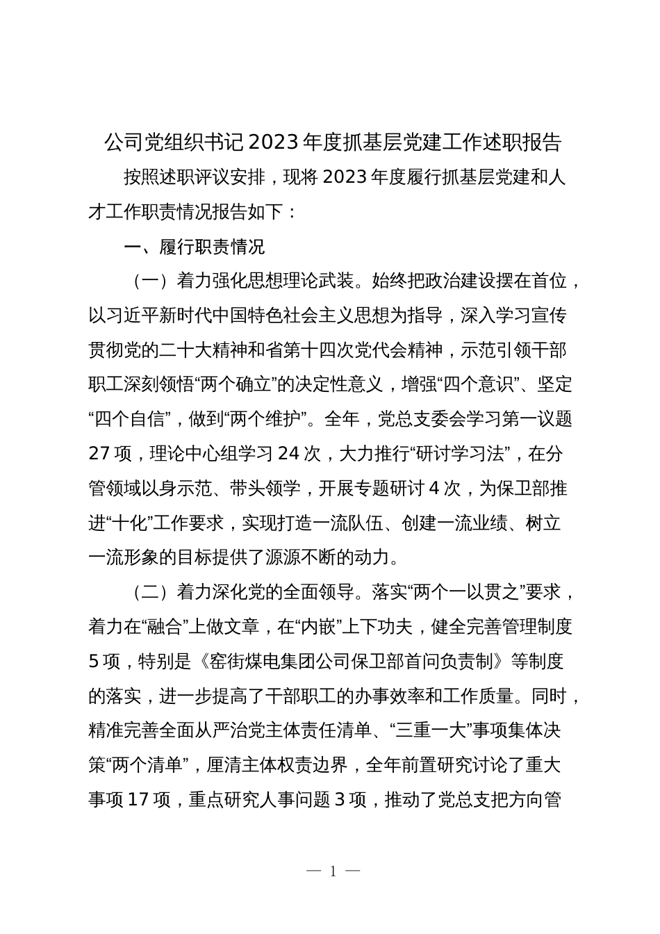 公司企业党组织书记2023-2024年度抓基层党建工作述职报告_第1页