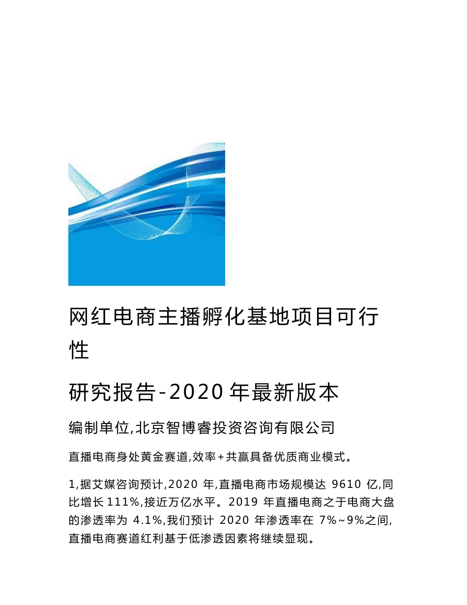 网红电商主播孵化基地项目可行性研究报告-2020年最新版本_第1页