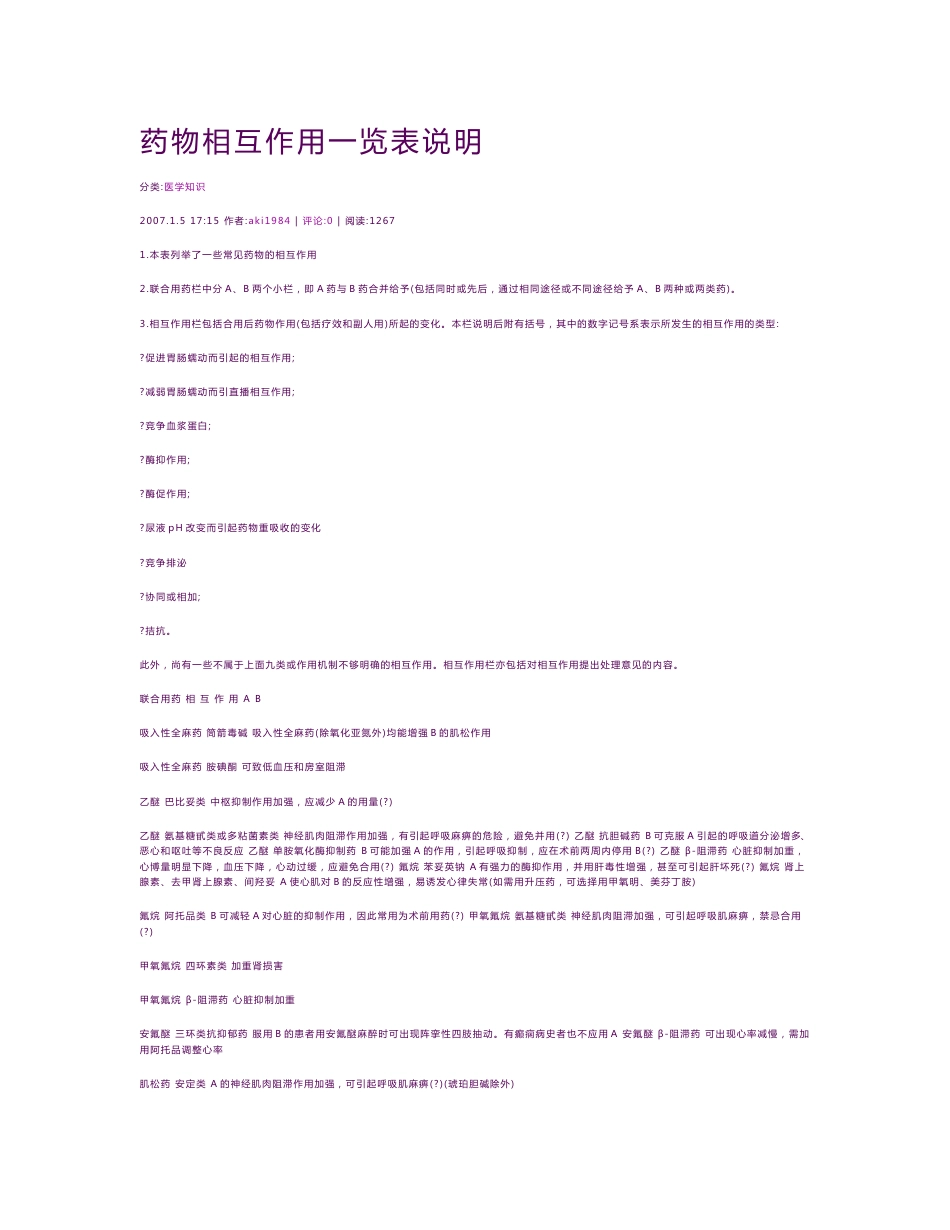 药物相互作用一览表说明_第1页
