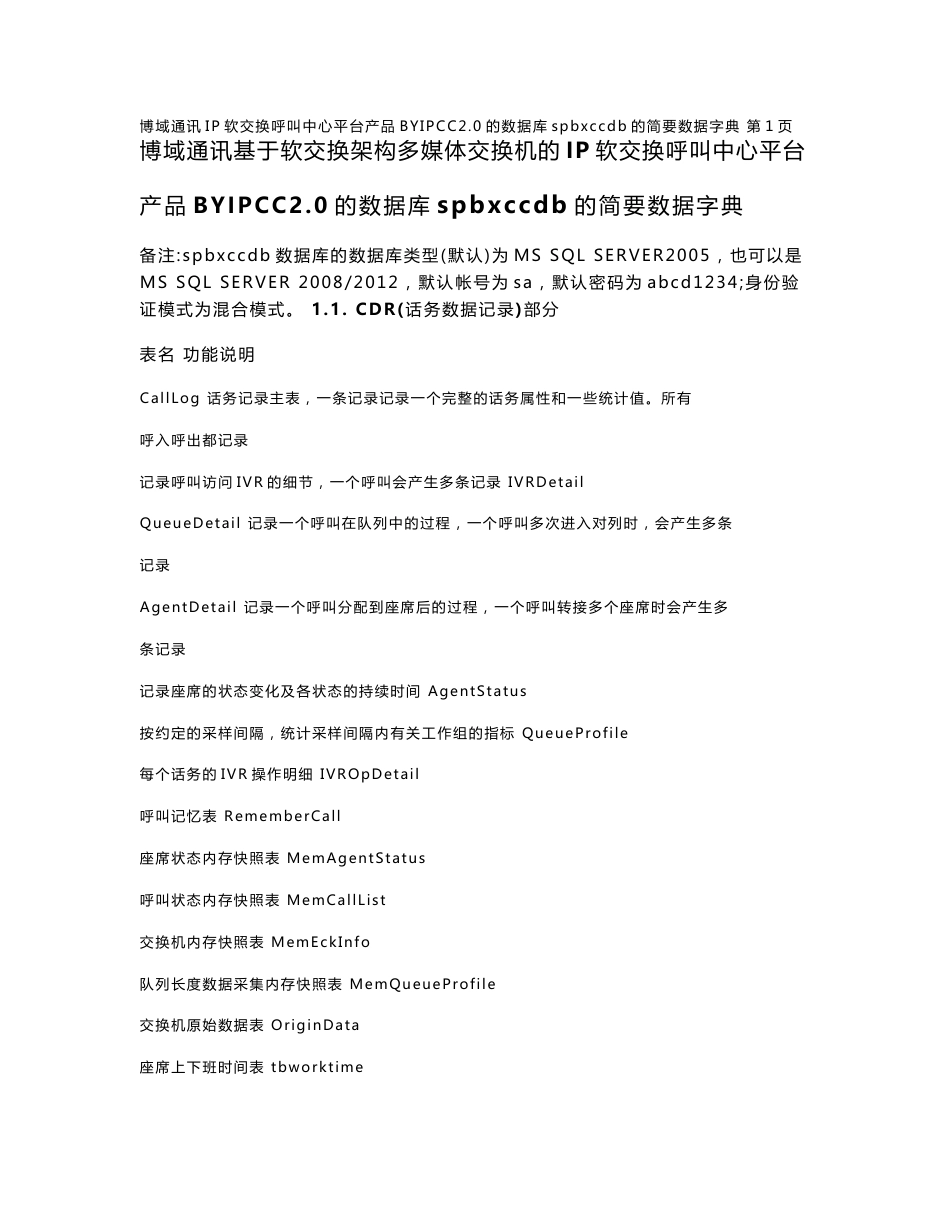 博域通讯基于软交换架构多媒体交换机的IP软交换呼叫中心平台产品BYIPCC2.0的数据库spbxccdb的简要数据字典_第1页