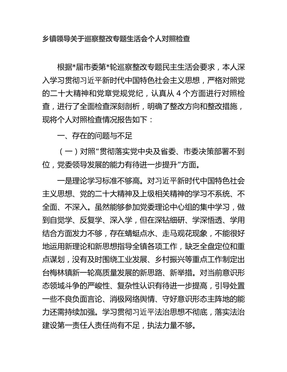 乡镇领导班子成员巡察整改专题生活会个人对照检查剖析材料_第1页