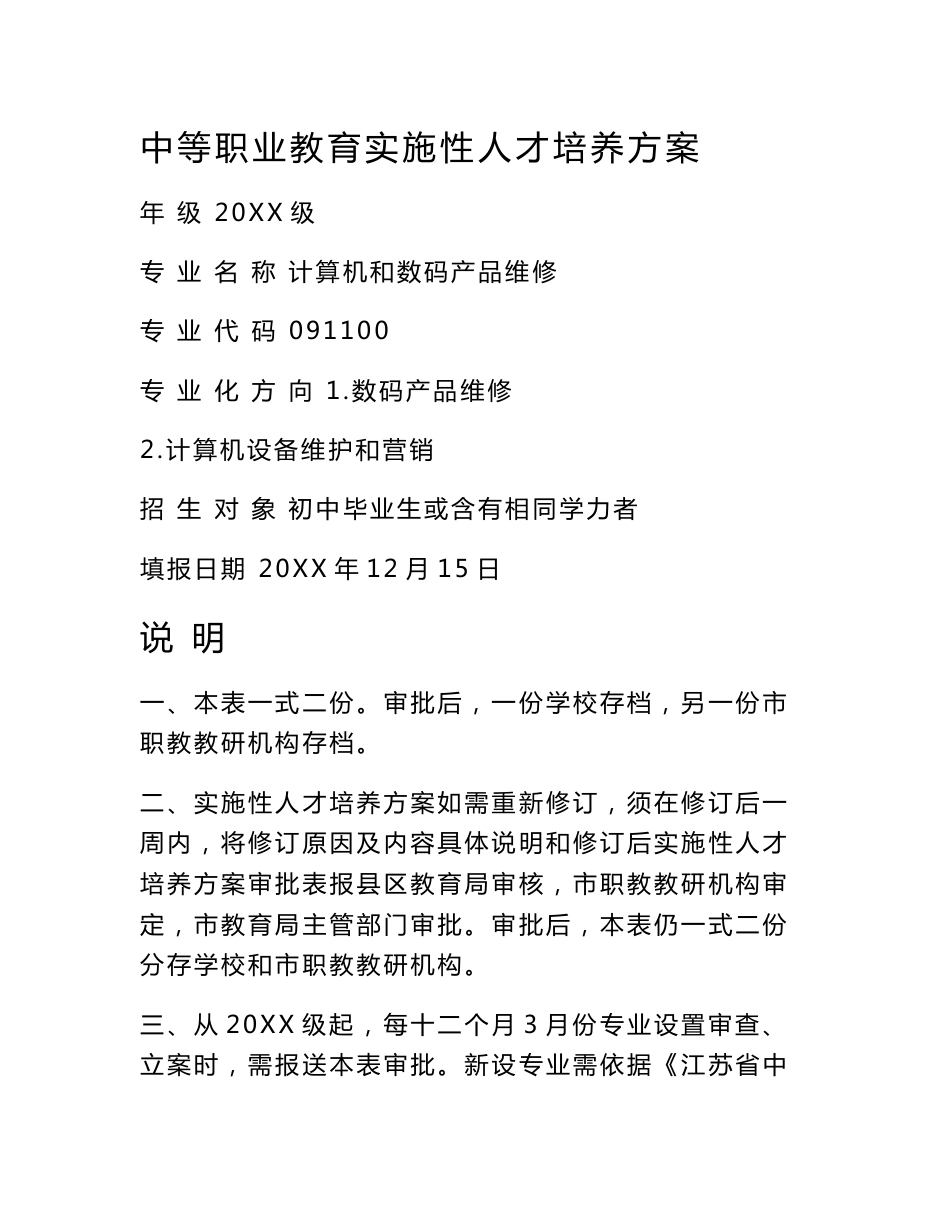 计算机与数码产品维修专业人才培养专业方案审批表_第1页