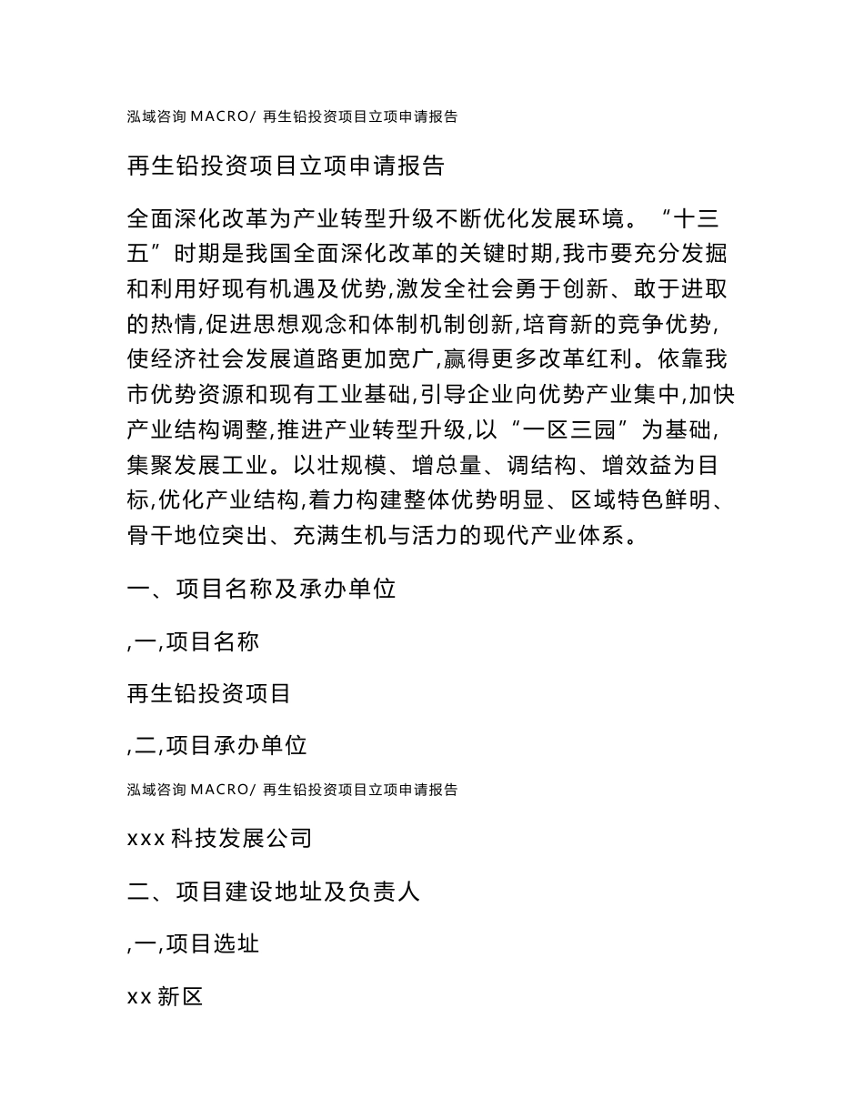 再生铅投资项目立项申请报告（立项参考范本）_第1页