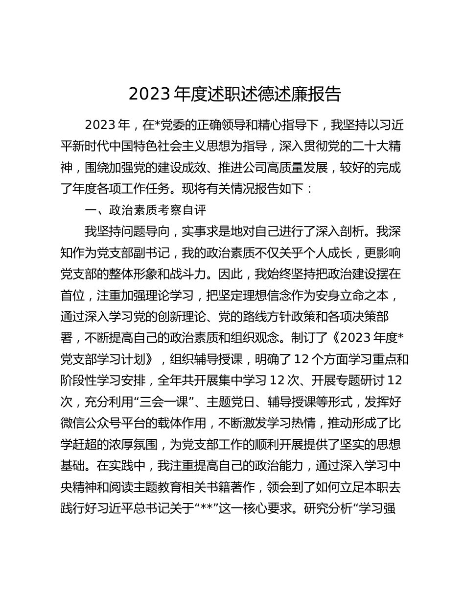 公司企业党支副书记2023-2024年度述职述德述廉报告_第1页