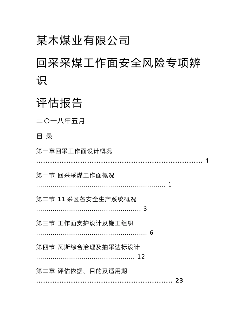 煤业有限公司 回采采煤工作面安全风险专项辨识 评估报告_第1页