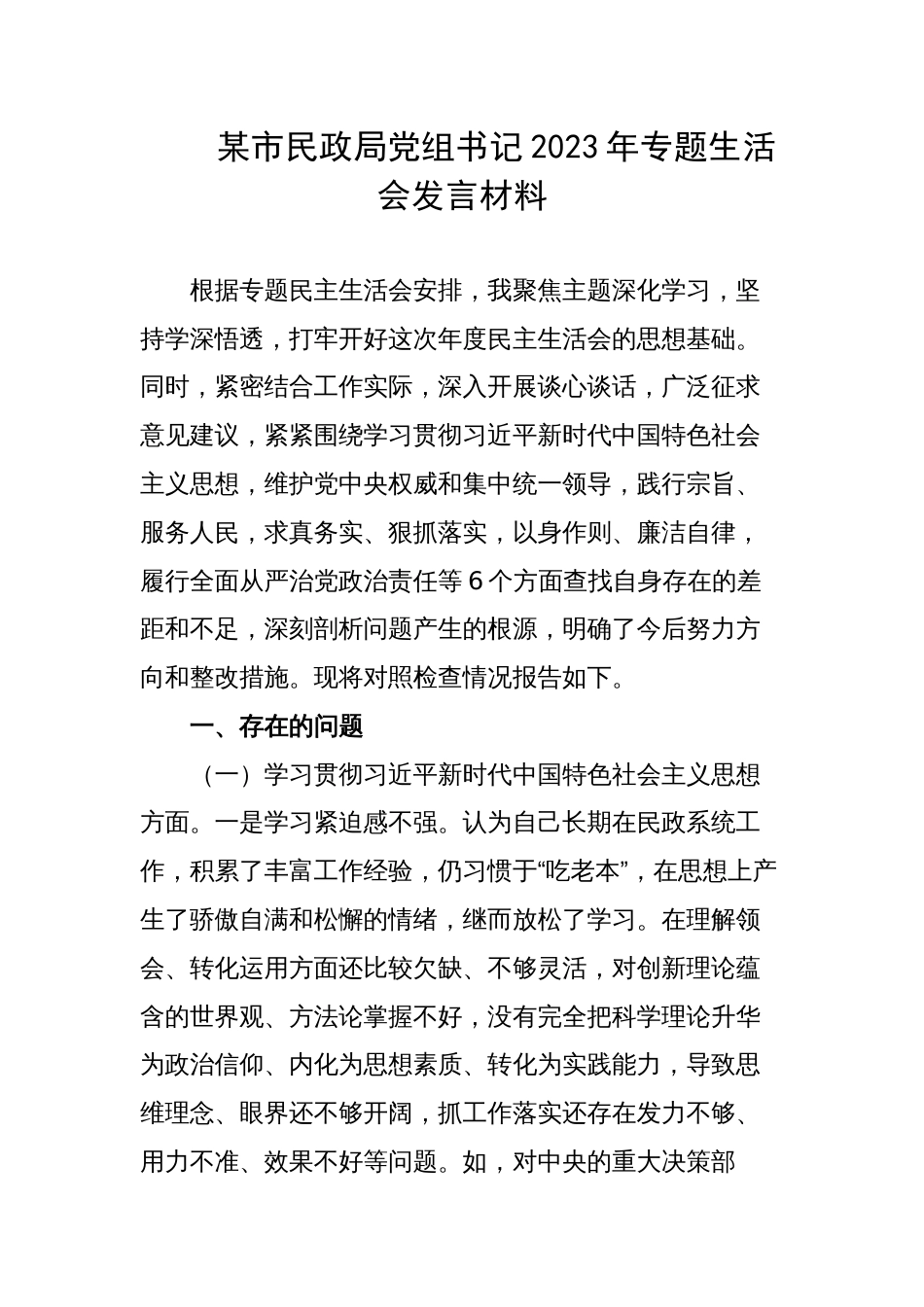 民政系统党组书记2023-2024年专题生活会个人对照检视剖析（践行宗旨等6个方面+案例剖析+上年度整改+个人事项）_第1页