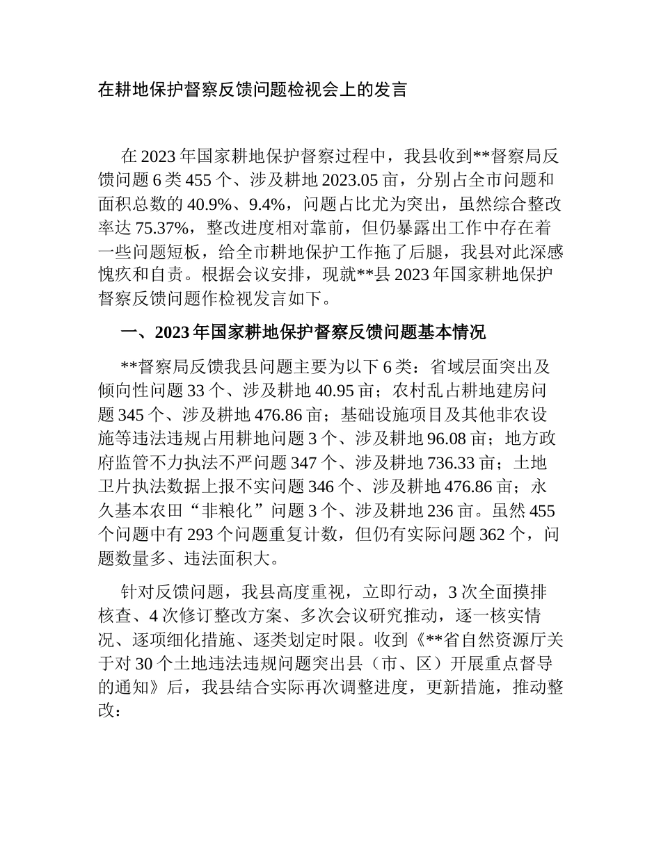 在耕地保护督察反馈问题检视会上的发言_第1页