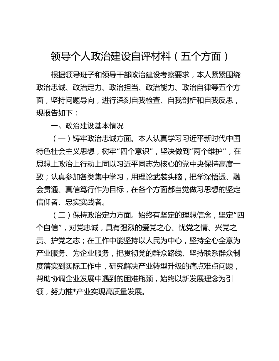 2024年领导个人政治建设自评材料现实表现考察鉴定（五个方面）_第1页