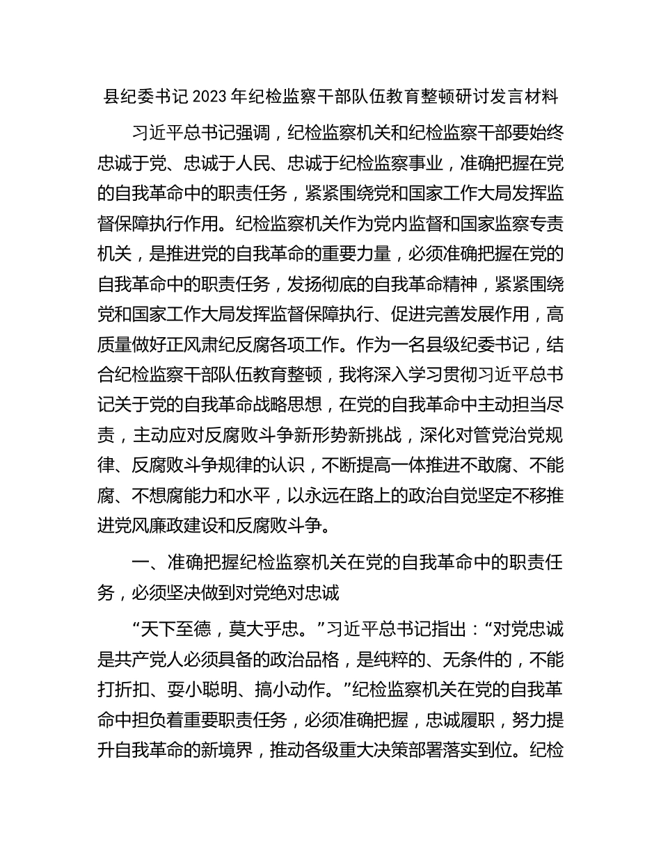 县纪委书记纪检监察干部队伍教育整顿研讨发言_第1页