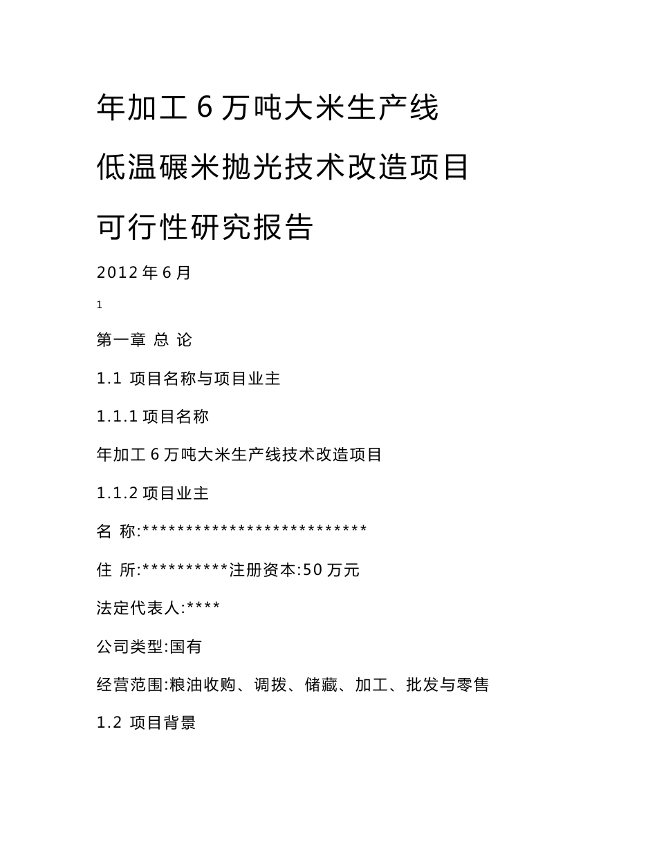 某米业公司年加工6万吨大米生产线技术改造项目可行性研究报告_第1页