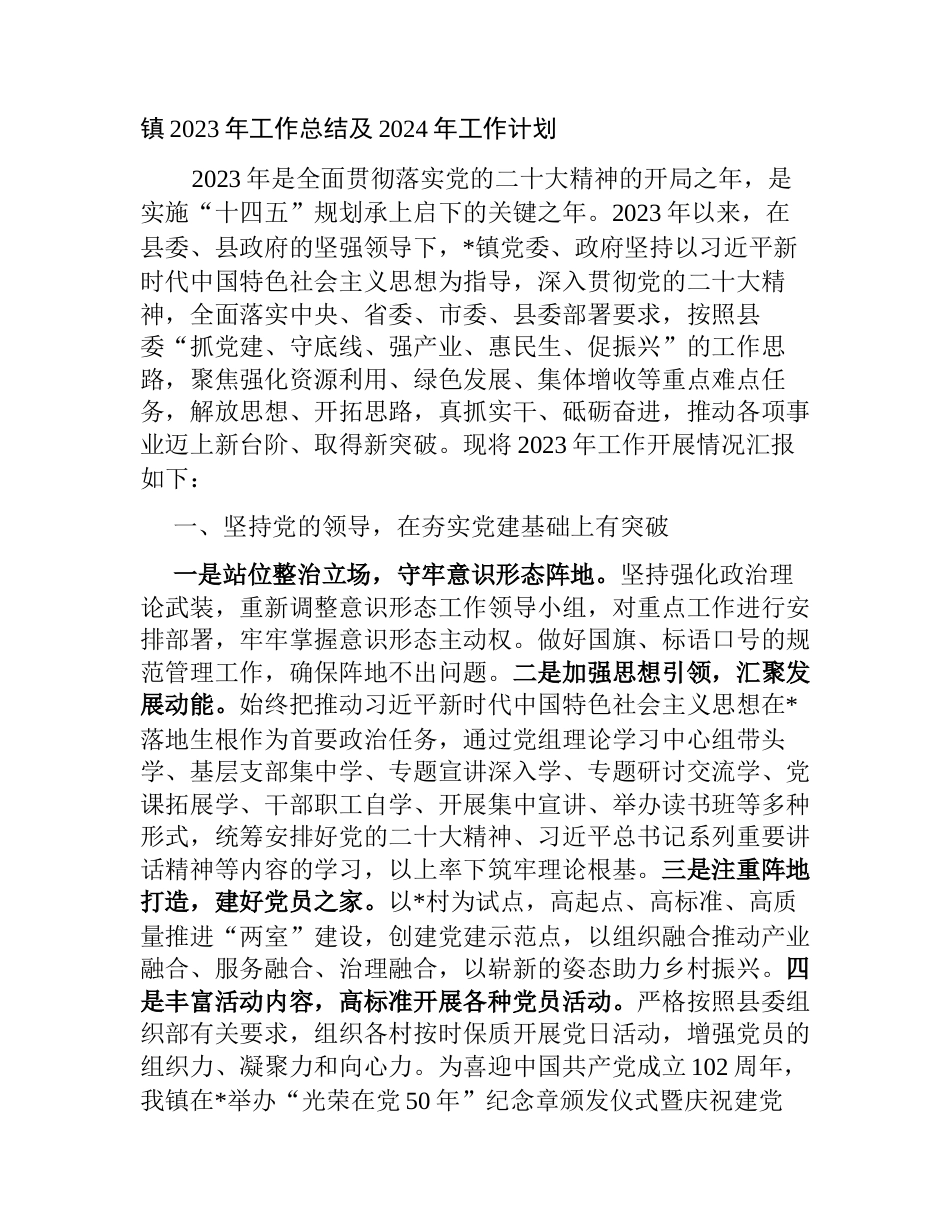 镇2023年工作总结及2024年工作计划通用范文_第1页
