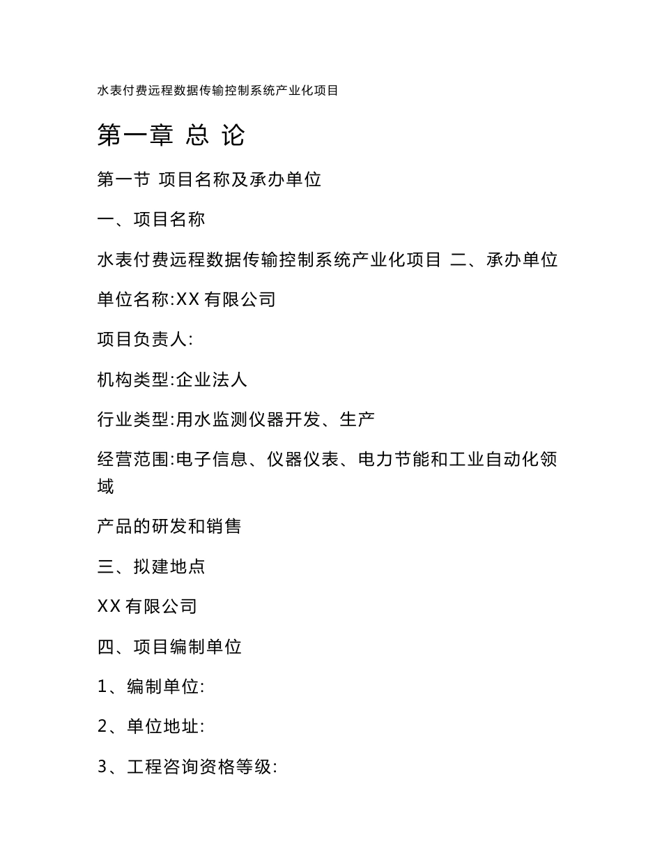 有限公司水表付费远程数据传输控制系统产业化项目可行性研究报告_第1页