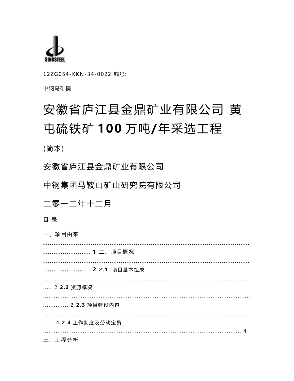 安徽庐江金鼎矿业黄屯硫铁矿100万吨年采选工程环境影响报告书_第1页