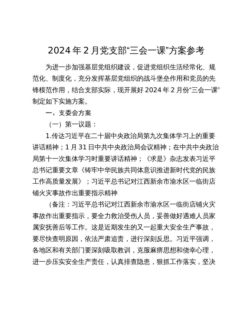 2024年1--2月党支部“三会一课”方案参考要点_第1页