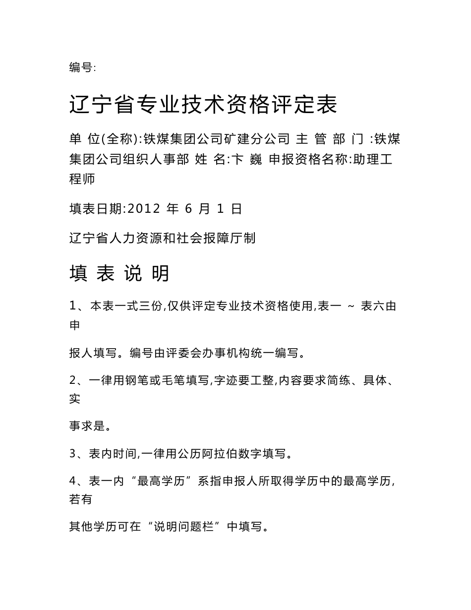 辽宁省专业技术资格评定表模板_第1页