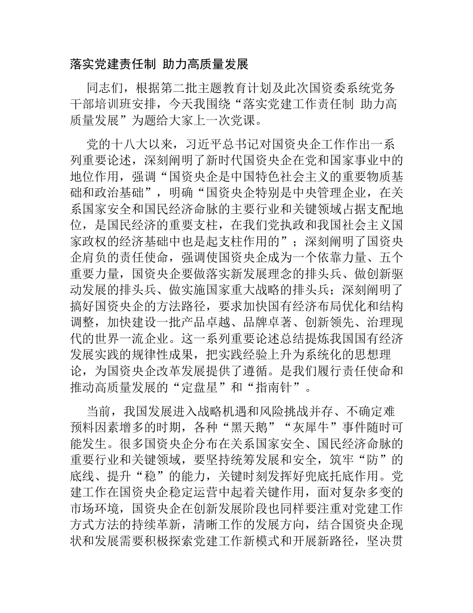 2023年党组书记主题教育党课讲稿：落实党建责任制 助力高质量发展_第1页