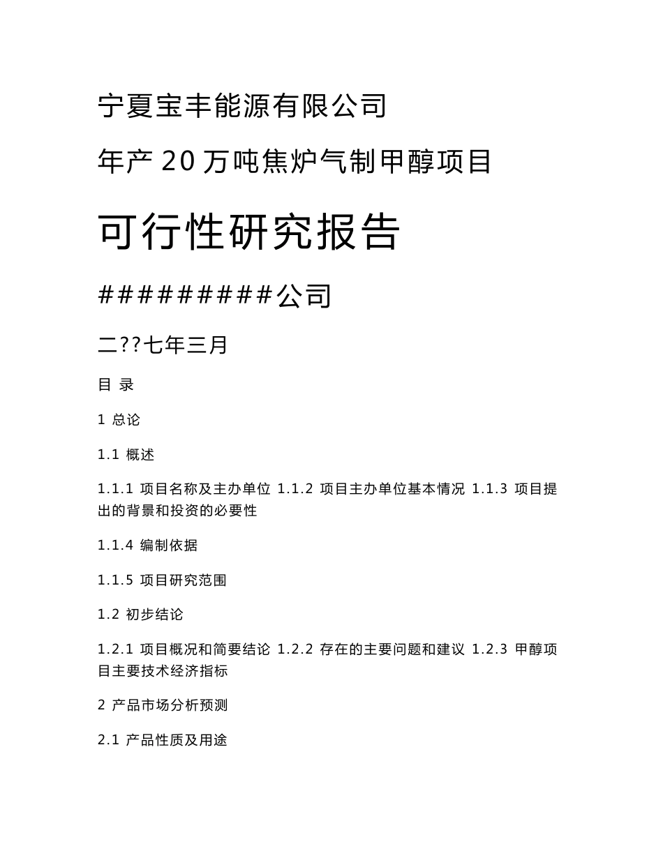 (优秀可研推荐)宁夏某化工年产20万吨焦炉气制甲醇项目可行性研究报告_第1页