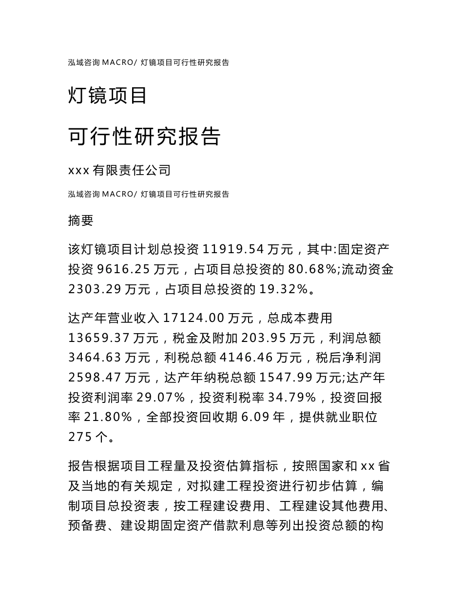 灯镜项目可行性研究报告（案例及参考模板）_第1页