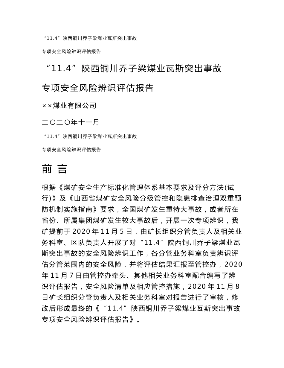 “11.4”陕西铜川乔子梁煤业瓦斯突出事故专项安全风险辨识评估报告（含工作方案及评审结论）_第1页