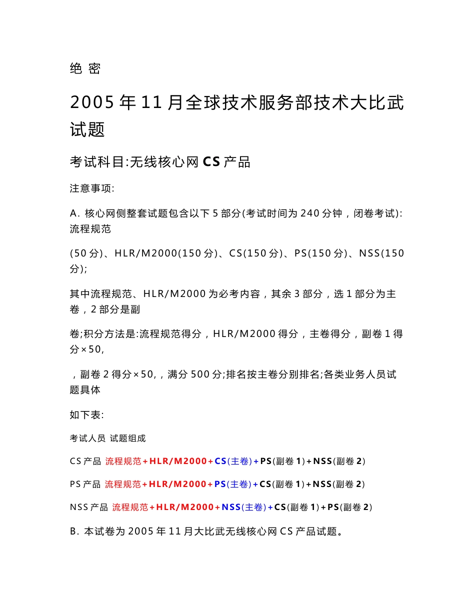 2005年11月全球技术服务部技术大比武无线核心网CS中方员工试题（含答案）_第1页