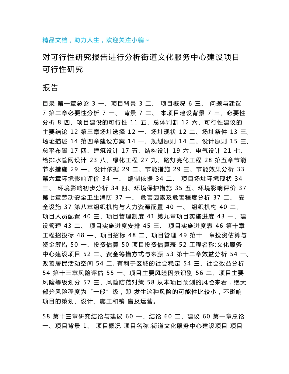 对可行性研究报告进行分析街道文化服务中心建设项目可行性研究报告_第1页