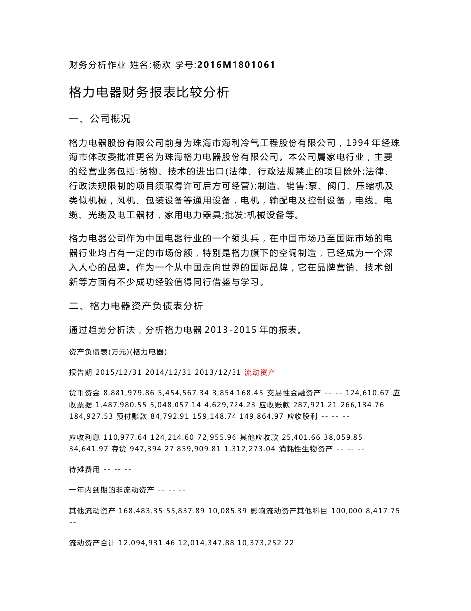 格力电器财务报表比较分析_财务管理_经管营销_专业资料_第1页