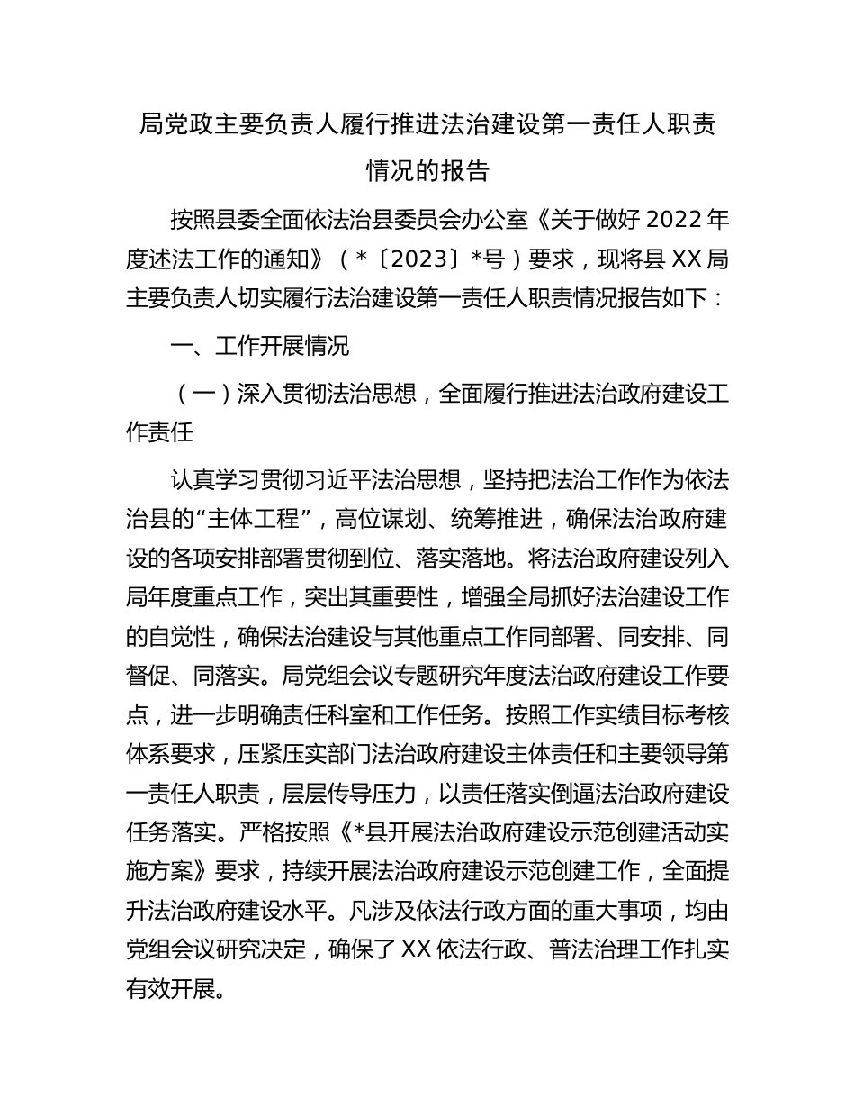 2篇2023-2024主要负责人履行推进法治建设第一责任人职责情况报告_第1页