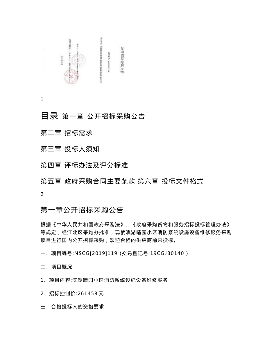 滨湖晴园小区消防系统设施设备维修服务采购项目招标标书文件_第1页