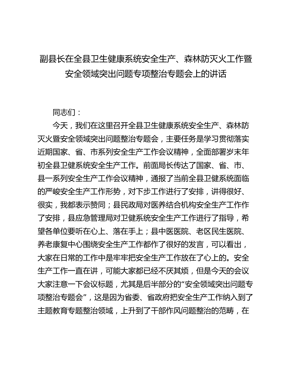 副县长在2024年度全县卫生健康系统安全生产、森林防灭火工作暨安全领域突出问题专项整治专题会上的讲话_第1页