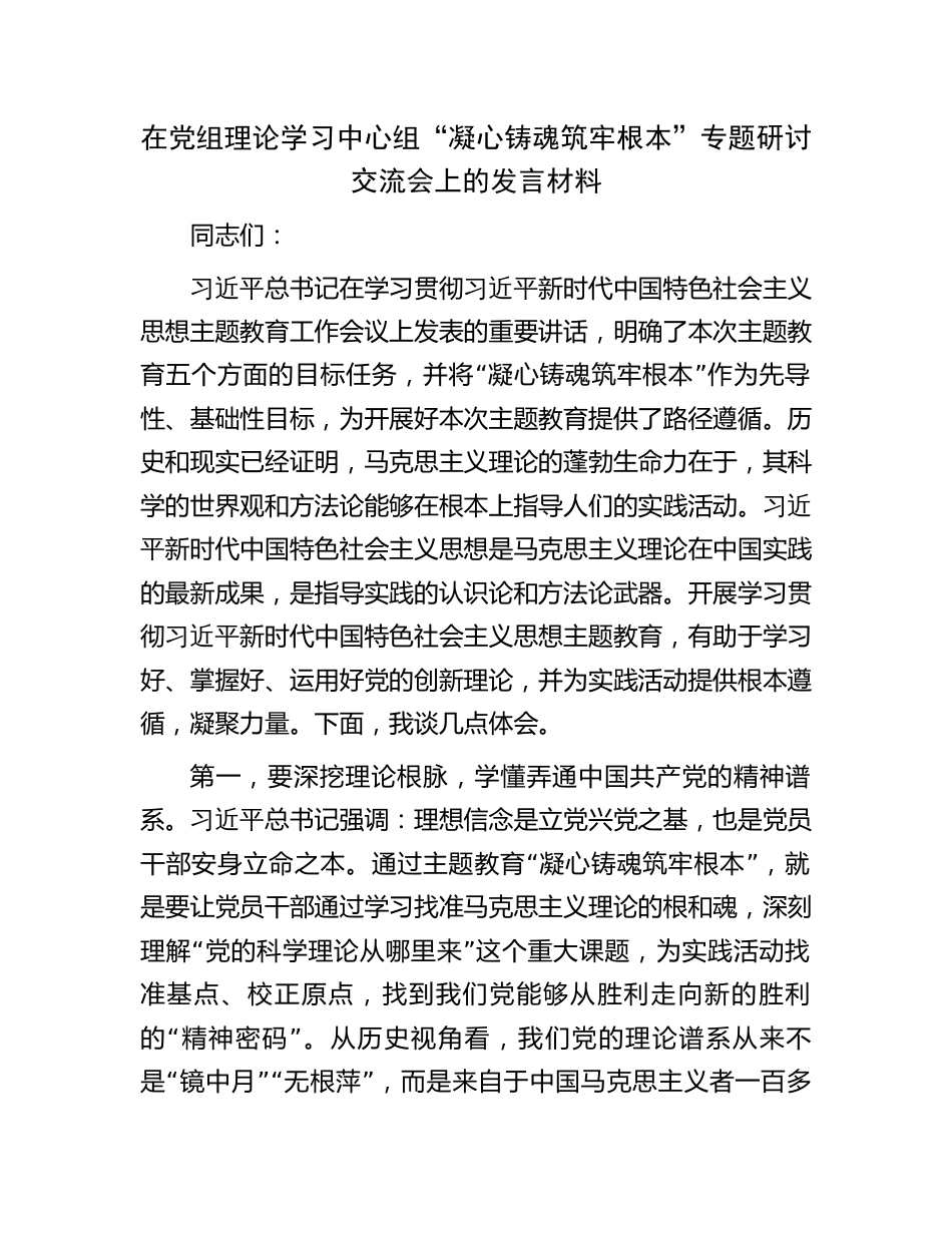 中心组“凝心铸魂筑牢根本”专题研讨交流会上的发言材料_第1页