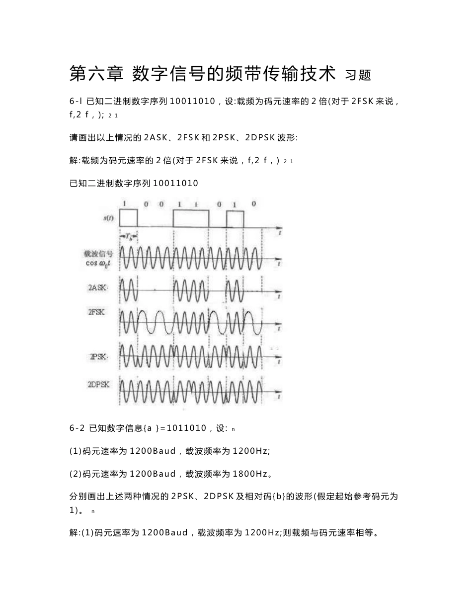 《数字通信电子教案》第六章数字信号的频带传输技术习题及答案_第1页