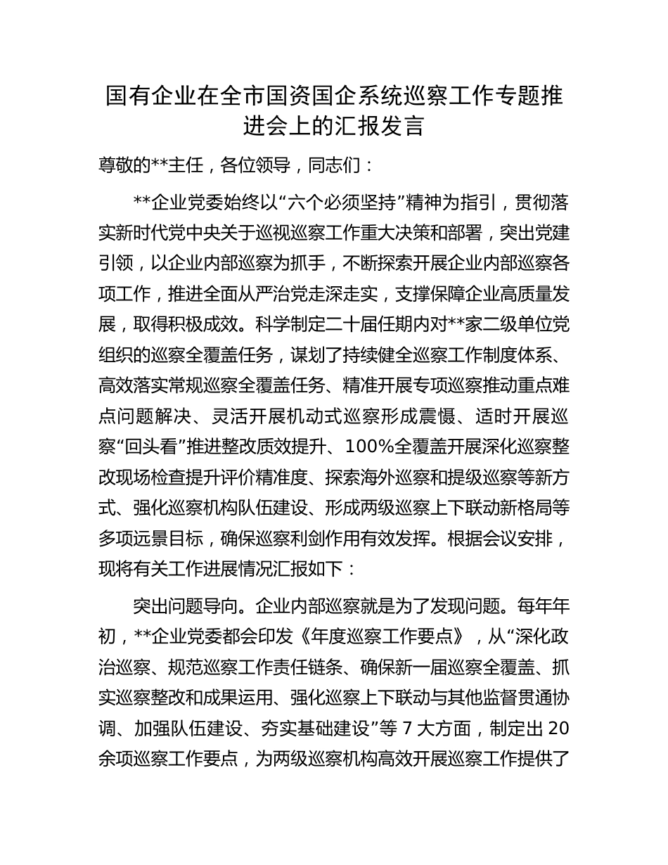 国企公司在2023-2024巡察工作专题推进会上的汇报发言（总结）_第1页