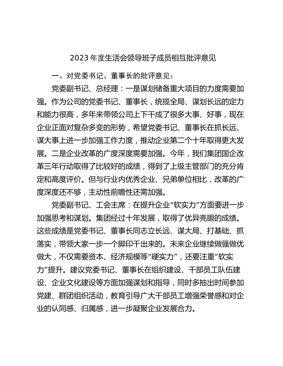 国企公司2023-2024年度专题生活会班子成员相互批评意见汇编汇总_第1页