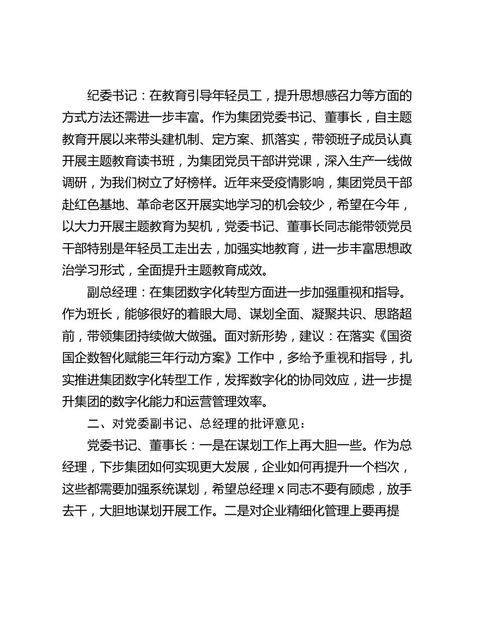 国企公司2023-2024年度专题生活会班子成员相互批评意见汇编汇总_第2页