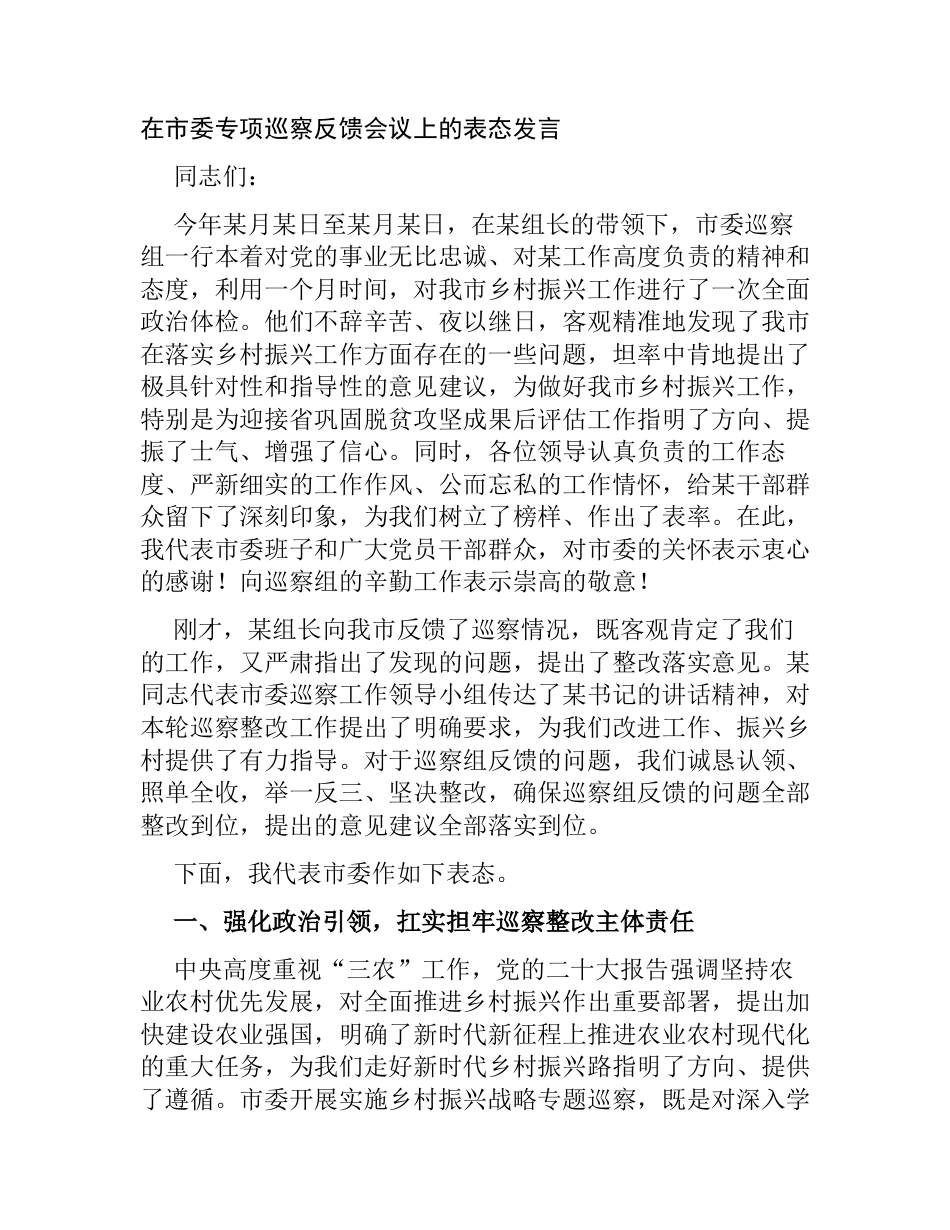 在市委专项巡察反馈会议上的表态发言_第1页