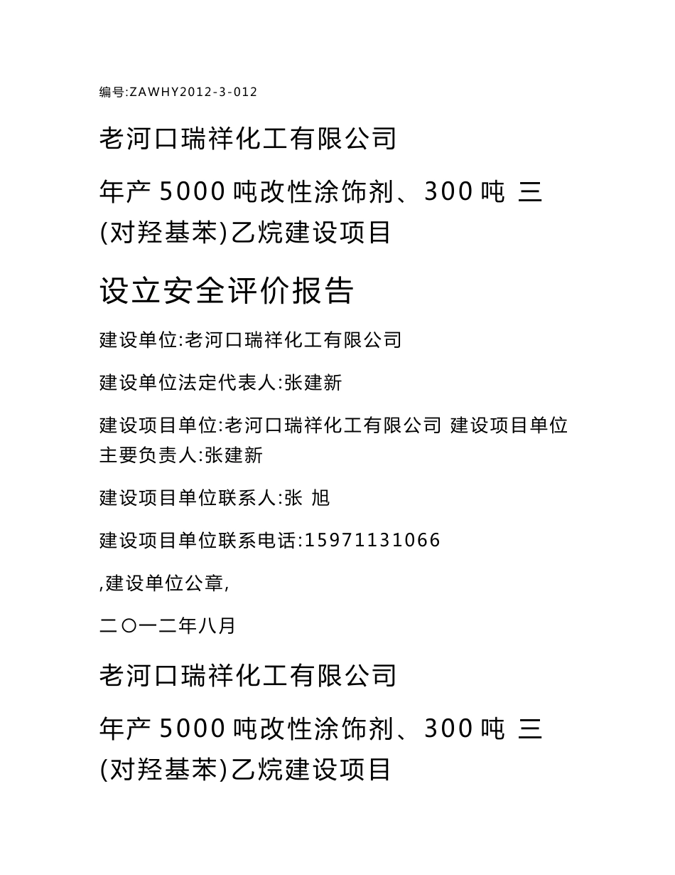 老河口瑞祥化工有限公司设立安全评价报告_第1页