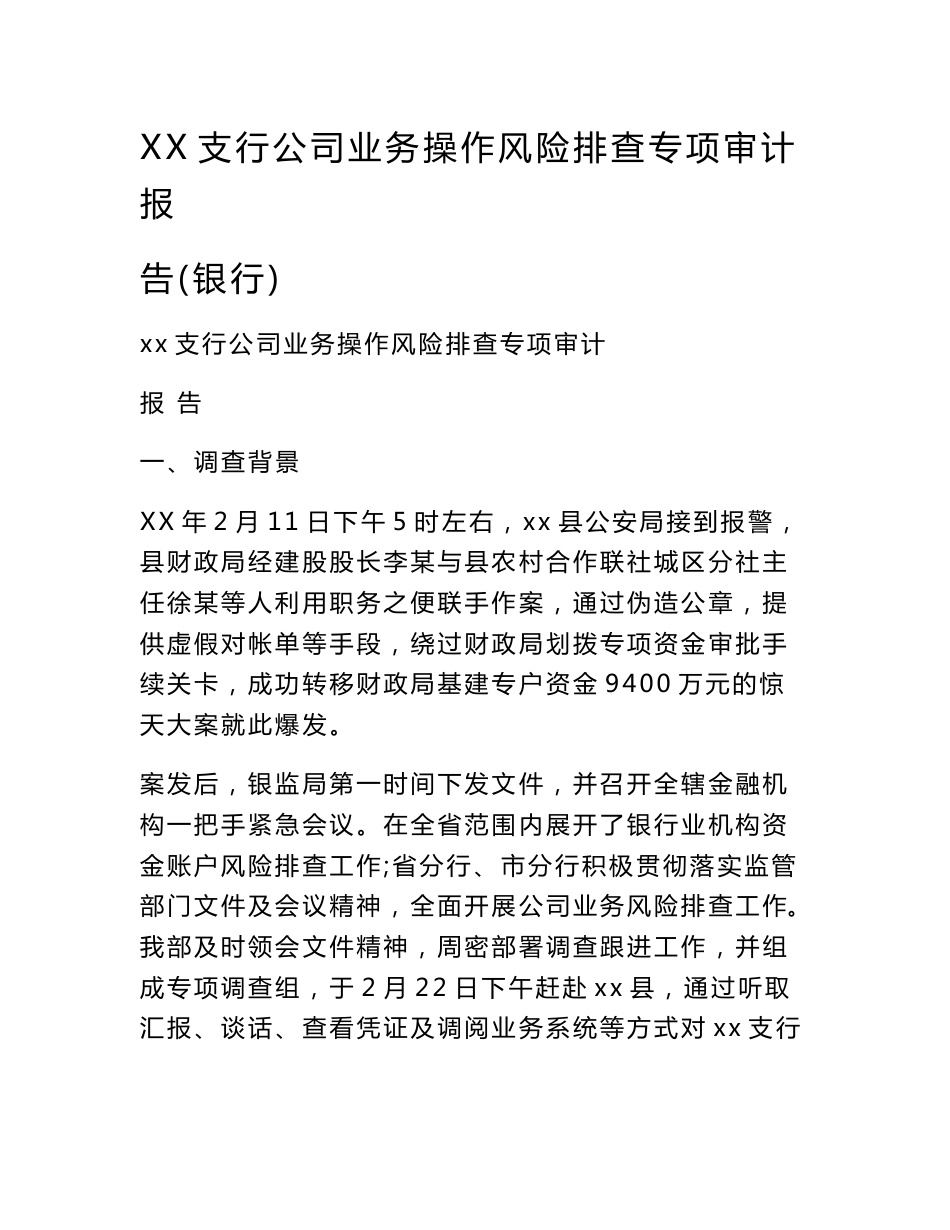 XX支行公司业务操作风险排查专项审计报告（银行）_第1页