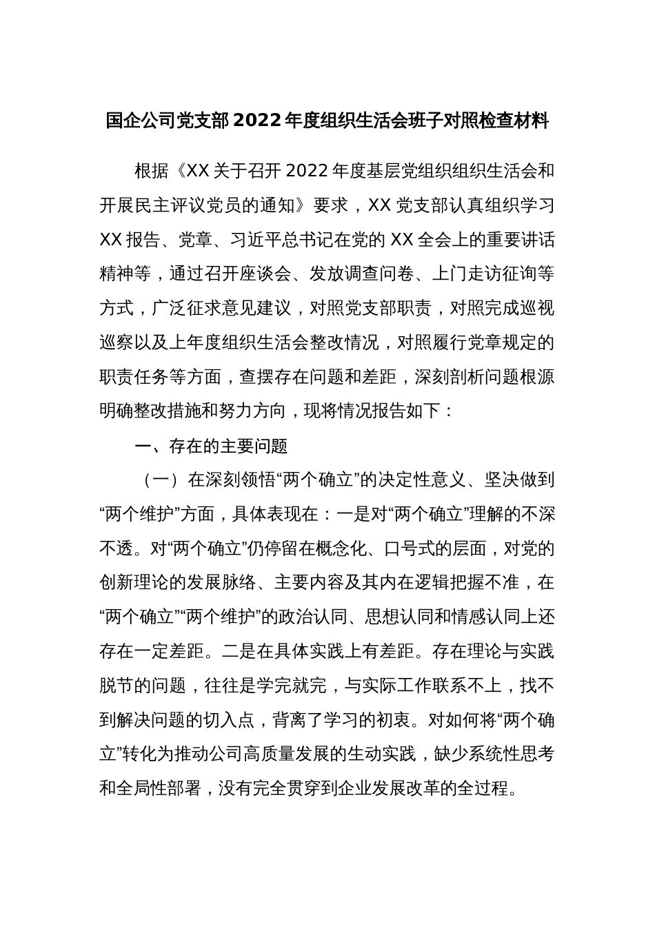 国企公司党支部班子2022-2023年度组织生活会班子对照检查材料_第1页