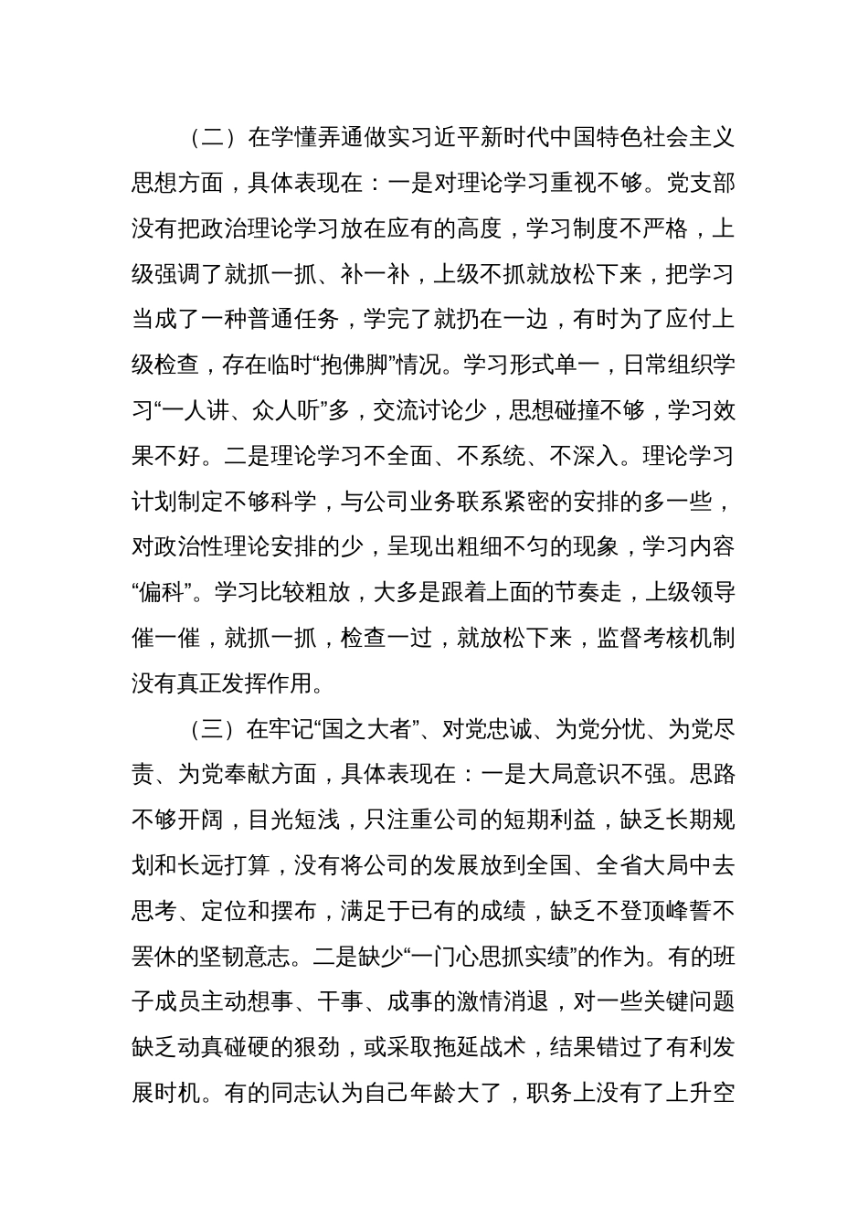 国企公司党支部2022-2023年度组织生活会班子对照检查材料_第2页