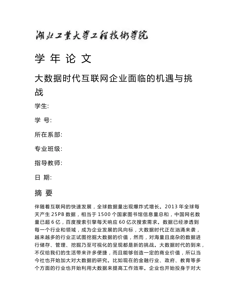 大数据时代互联网企业面临的机遇与挑战论文_第1页