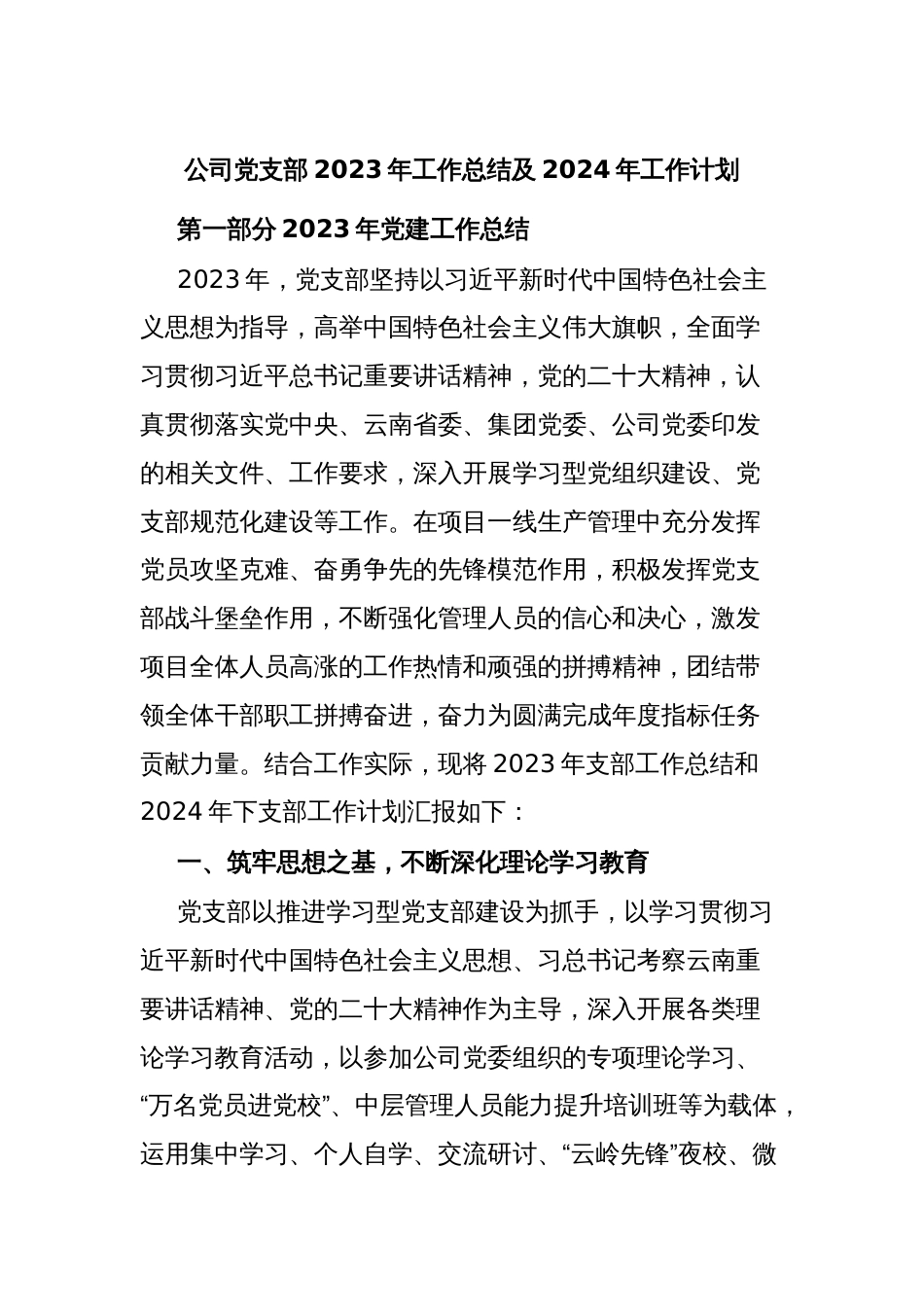 国企公司党支部2023年工作总结及2024年工作计划_第1页