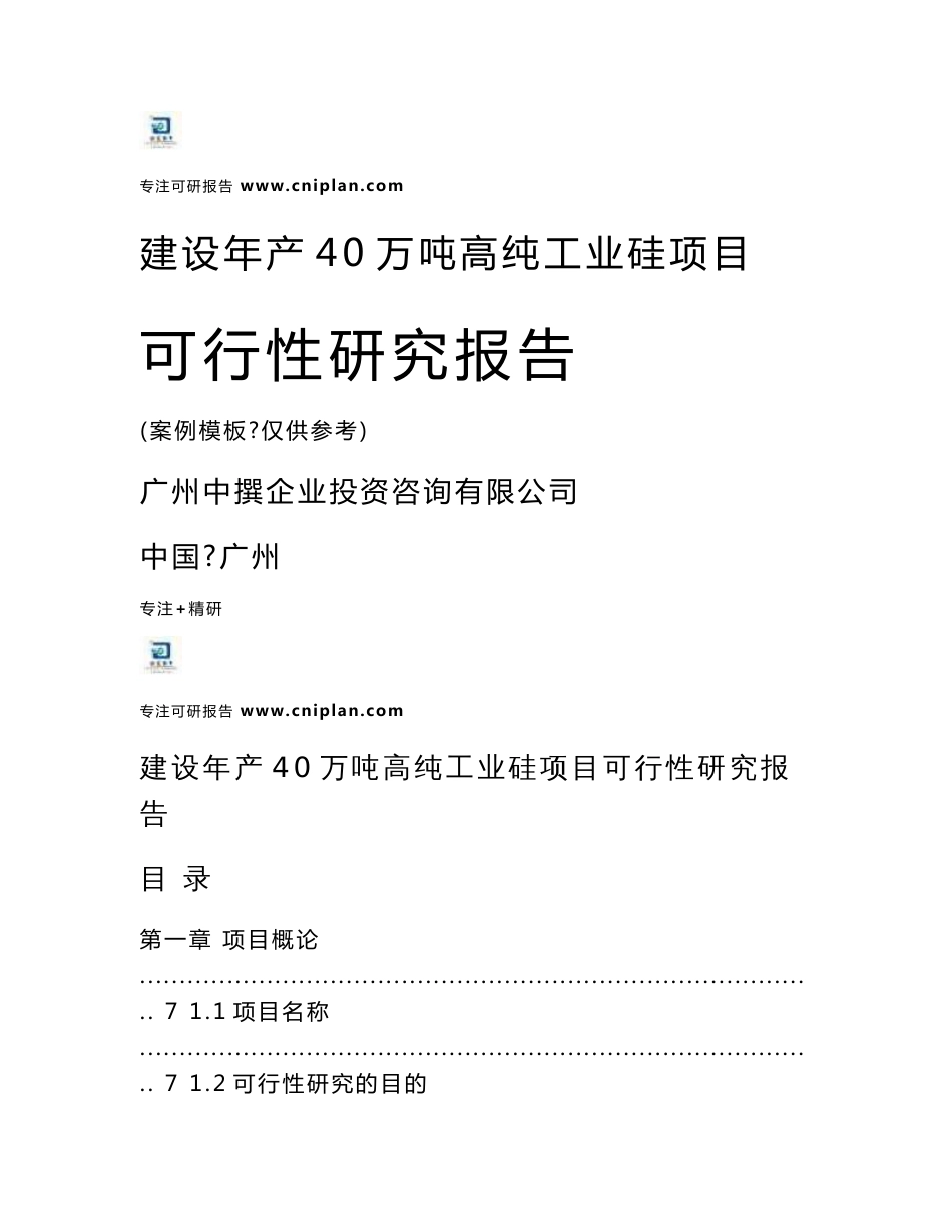 中撰咨询-建设年产40万吨高纯工业硅项目立项核准可研报告_第1页