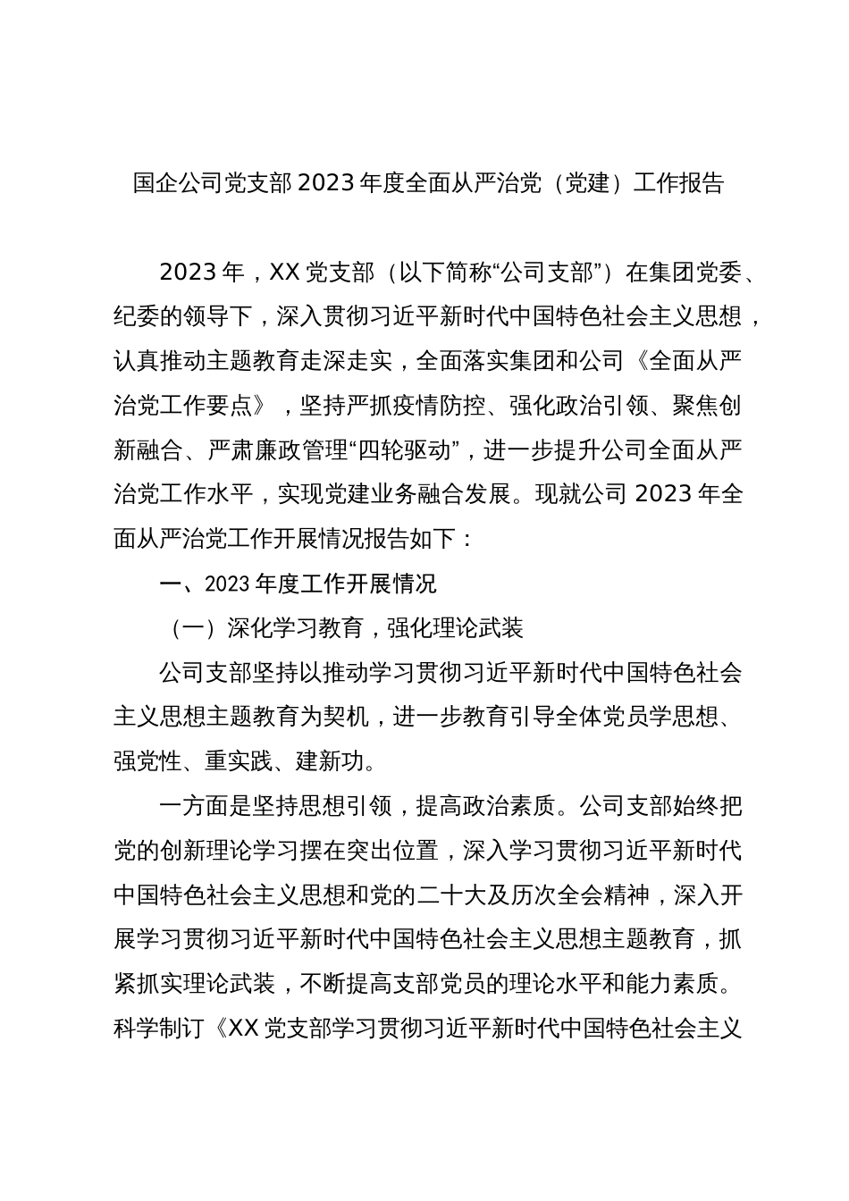 国企公司党支部2023年-2024度全面从严治党（党建）工作报告_第1页