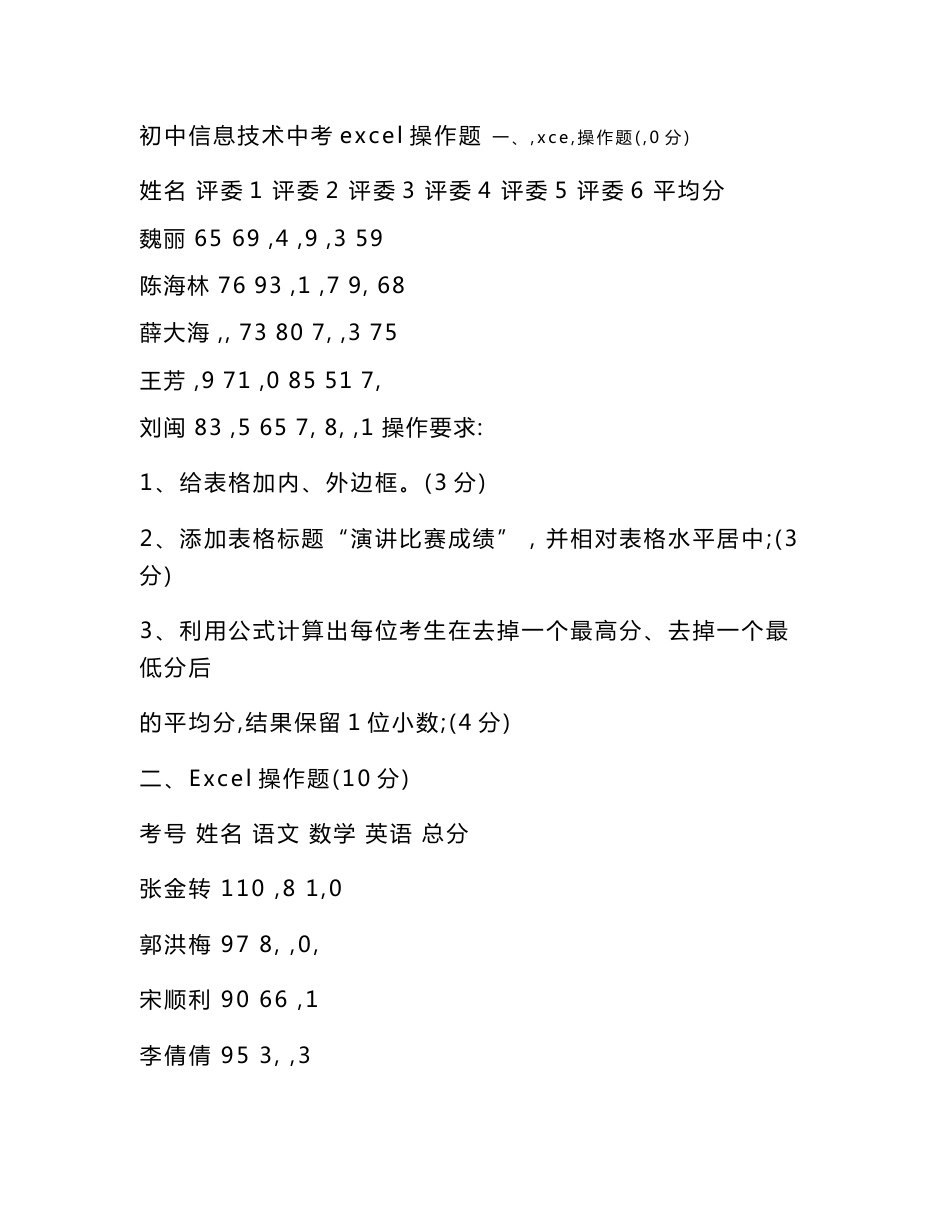 初中信息技术中考excel操作题_第1页